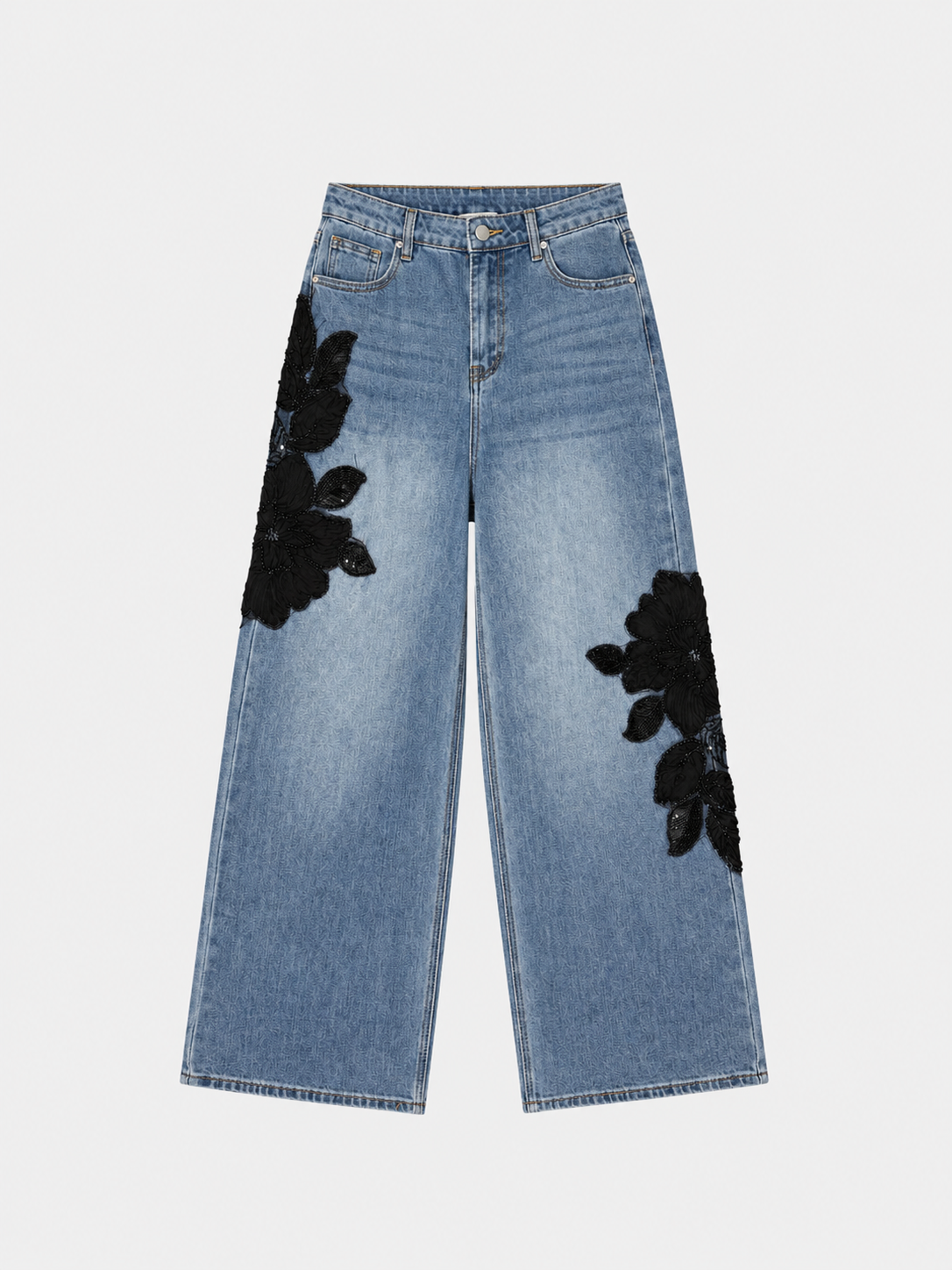Floral Appliqué Denim Jacket & Wide Leg Jeans Set