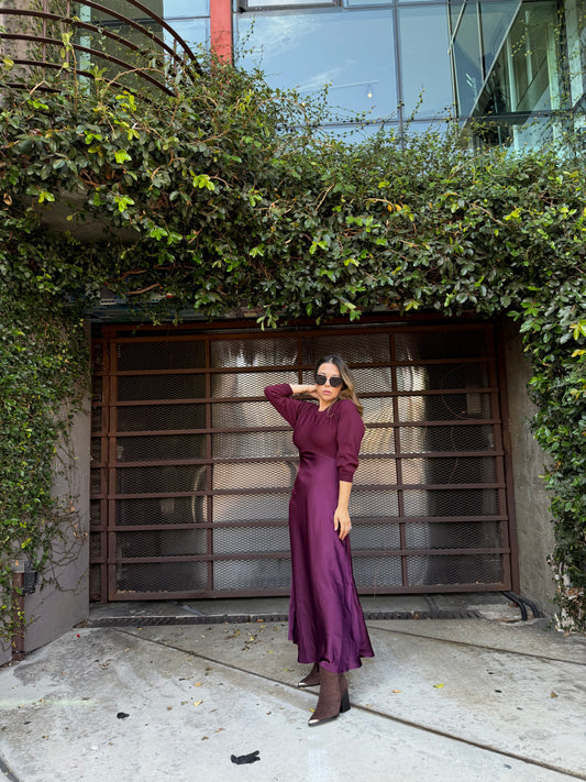 Burgundy Satin Midi Dress