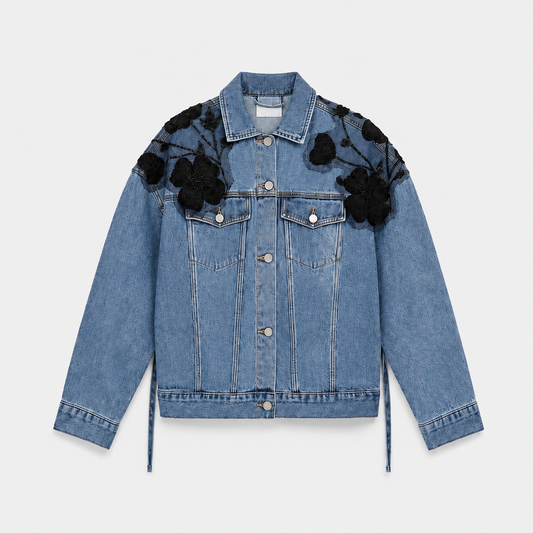 Floral Appliqué Denim Jacket & Wide Leg Jeans Set