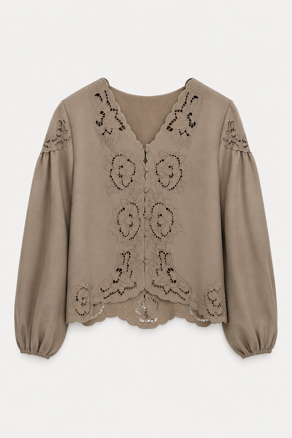 Taupe Embroidered Cutwork Blouse