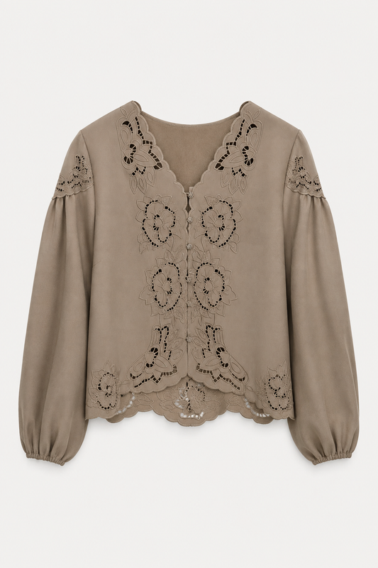 Taupe Embroidered Cutwork Blouse
