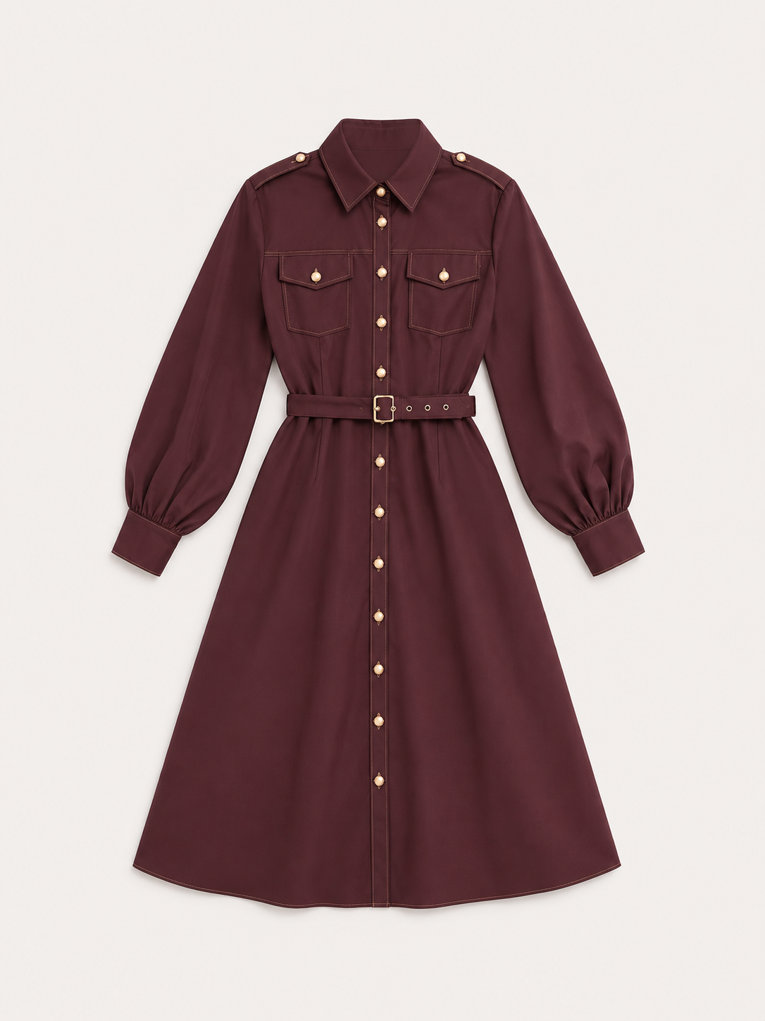 Burgundy Belted Shirt Dress