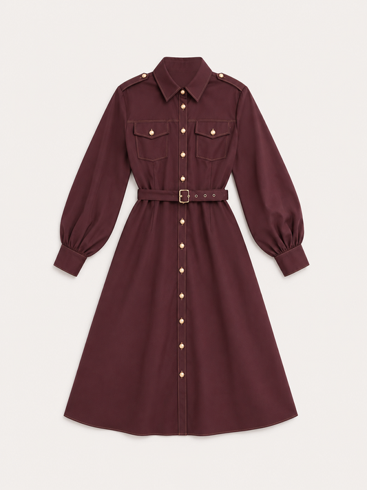 Burgundy Belted Shirt Dress