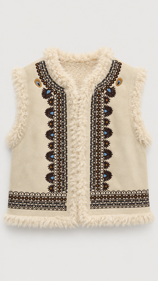 Embroidered Faux Fur Vest