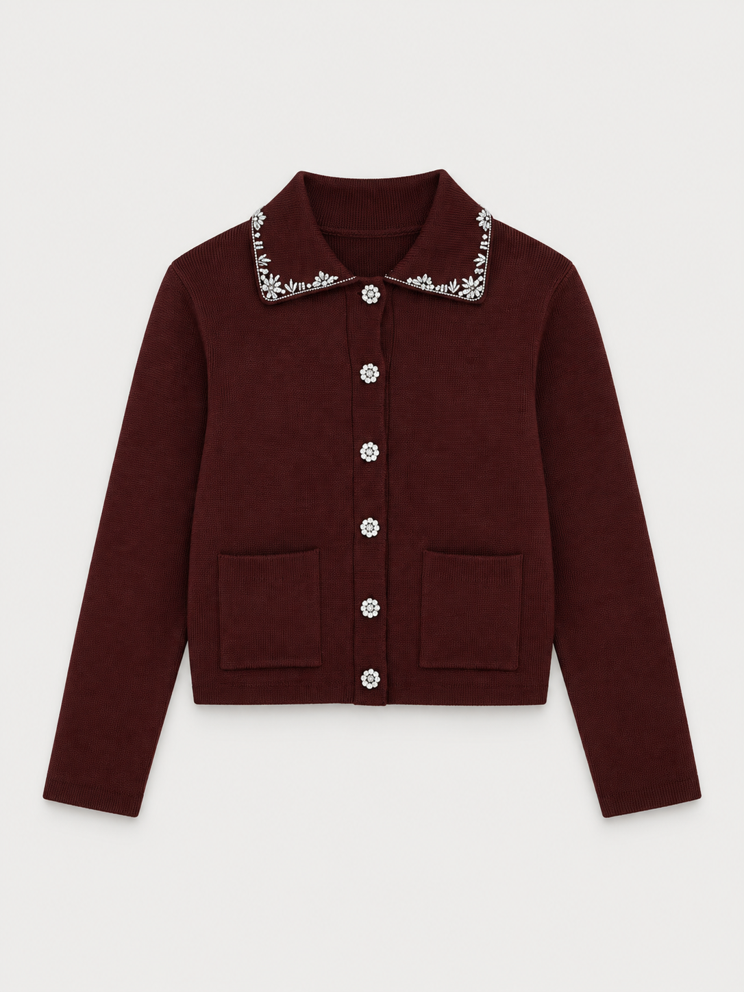 Burgundy Embellished Knit Cardigan