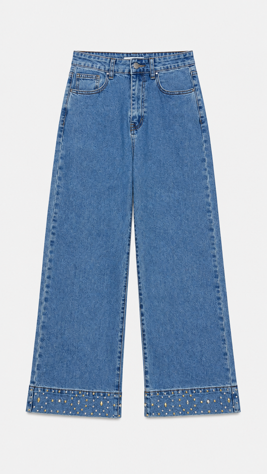 Studded Hem Wide-Leg Jeans
