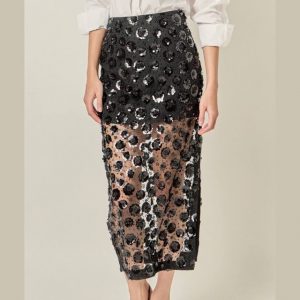 Flower Sequin Sheer Midi Skirt