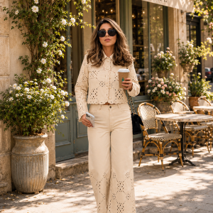 Ivory Eyelet Jacket & Wide-Leg Pants Set